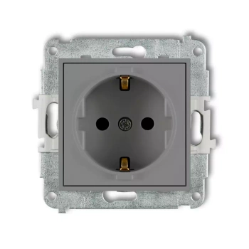 Mechanizm gniazda pojedynczego z uziemieniem SCHUKO 2P+Z z przesłonami torów Karlik seria MINI 27MGP-1sp kolor szary mat