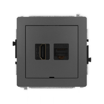 Mechanizm gniazda pojedynczego HDMI 2.0, 4K + gniazda komp. poj. 1xRJ45, kat. 6A, 8-stykowy, bez pola opisowego Karlik seria DECO 28DGHKBO-46A kolor grafitowy mat
