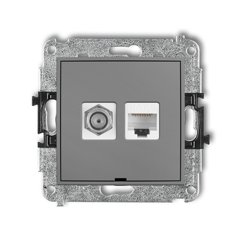 Mechanizm gniazda antenowego poj. typu F SAT + gniazda komp. poj. 1xRJ45, kat. 6, 8-stykowy, bez pola opisowego Karlik seria ICON 27IGFKBO-3 kolor szary mat