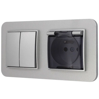 Włącznik podwójny z gniazdem hermetycznym z ramką zaokrągloną seria MINI kolor srebrny