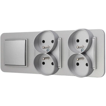 Włącznik pojedynczy i dwa gniazda podwójne z ramką zaokrągloną seria MINI kolor srebrny