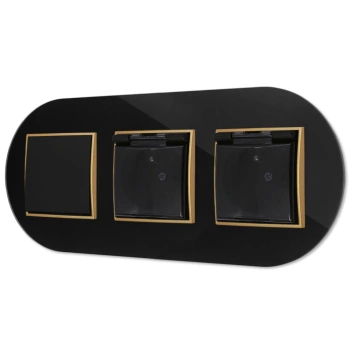 Włącznik pojedynczy i dwa gniazda hermetyczne z ramką okrągłą efekt szkła seria ICON kolor czarny/złoty