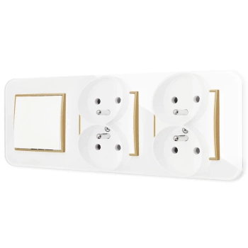 Włącznik pojedynczy i dwa gniazda podwójne z ramką zaokrągloną efekt szkła seria ICON kolor biały/złoty