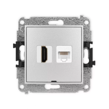 Mechanizm gniazda pojedynczego HDMI 2.0, 4K + gniazda komp. poj. 1xRJ45, kat. 5e, 8-stykowy, bez pola opisowego Karlik seria ICON 7IGHKBO-45e kolor srebrny metalik