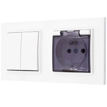 Włącznik podwójny z gniazdem hermetycznym z ramką prostą seria MINI kolor biały mat