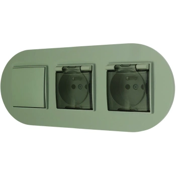 Włącznik pojedynczy i dwa gniazda hermetyczne z ramką okrągłą seria MINI kolor szałwiowy