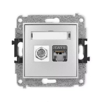 Mechanizm gniazda antenowego poj. typu F SAT + gniazda komp. poj. 1xRJ45, kat. 6 ekranowany, 8-stykowy Karlik seria MINI 7MGFK-5 kolor srebrny metalik