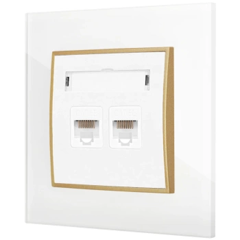 Gniazdo internetowe rj45 2x z ramką kwadratową efekt szkła seria ICON kolor biały/złoty