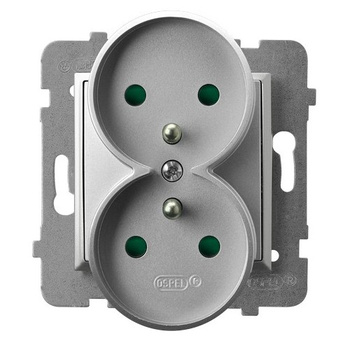 Gniazdo podwójne z uziemieniem z przesłonami torów prądowych, moduł bez ramki seria ARIA kolor Srebro symbol GP-2URZP/m/18