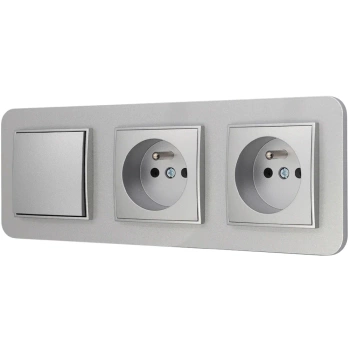 Włącznik pojedynczy i dwa gniazda pojedyncze z ramką zaokrągloną seria MINI kolor srebrny