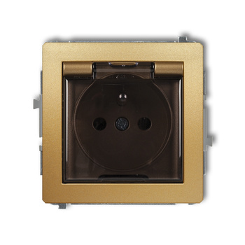 Mechanizm gniazda bryzgoszczelnego z uziemieniem 2P+Z klapka dymna, przesłony torów prądowych Karlik seria DECO 29DGPB-1zdp kolor złoty