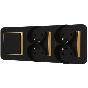 Włącznik pojedynczy i dwa gniazda podwójne z ramką zaokrągloną seria MINI kolor czarny złoty