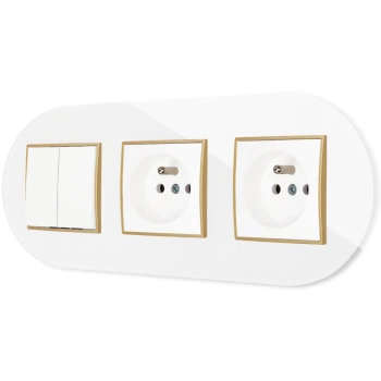 Włącznik podwójny i dwa gniazda pojedyncze z ramką okrągłą efekt szkła seria ICON kolor biały/złoty