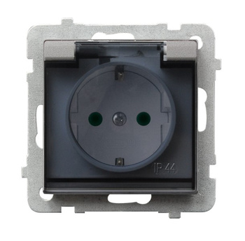 Gniazdo bryzgoszczelne z uziemieniem schuko IP-44 z przesłonami torów prądowych wieczko przezroczyste seria SONATA kolor Srebro mat symbol GPH-1RSP/m/38/d