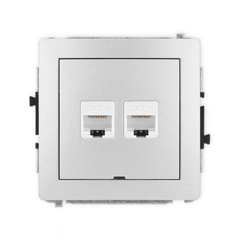 Mechanizm gniazda komputerowego podwójnego 2xRJ45, kat. 6, 8-stykowy, bez pola opisowego Karlik seria DECO 7DGKBO-4 kolor srebrny metalik