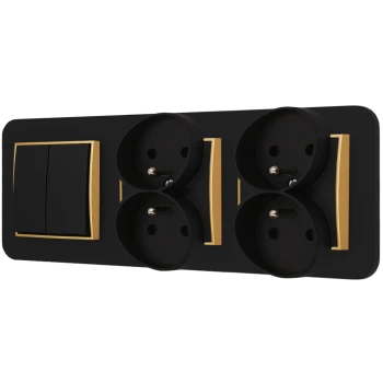 Włącznik podwójny i dwa gniazda podwójne z ramką zaokrągloną seria MINI kolor czarny złoty