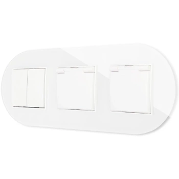 Włącznik podwójny i dwa gniazda hermetyczne z ramką okrągłą efekt szkła seria ICON kolor biały