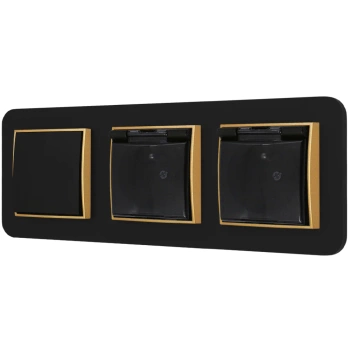 Włącznik pojedynczy i dwa gniazda hermetyczne z ramką zaokrągloną seria MINI kolor czarny złoty