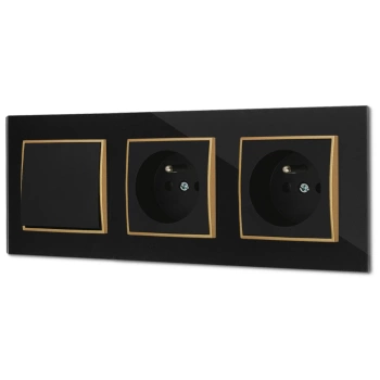 Włącznik pojedynczy i dwa gniazda pojedyncze z ramką kwadratową efekt szkła seria ICON kolor czarny/złoty