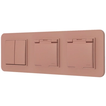 Włącznik podwójny i dwa gniazda hermetyczne z ramką zaokrągloną seria MINI kolor łososiowy