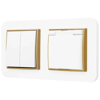 Włącznik podwójny z gniazdem hermetycznym z ramką zaokrągloną seria MINI kolor biały złoty