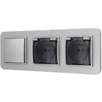 Włącznik pojedynczy i dwa gniazda hermetyczne z ramką zaokrągloną seria MINI kolor srebrny