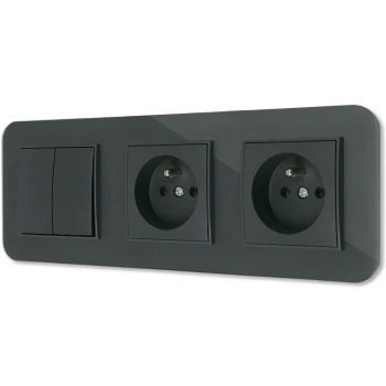 Włącznik podwójny i dwa gniazda pojedyncze z ramką zaokrągloną efekt szkła seria ICON kolor grafitowy mat