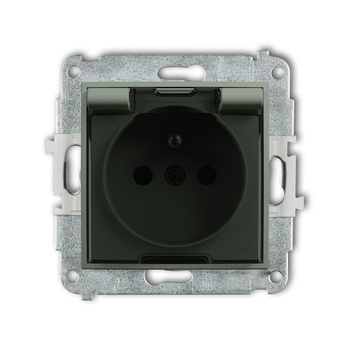 Mechanizm gniazda bryzgoszczelnego z uziemieniem 2P+Z klapka dymna, przesłony torów prądowych Karlik seria ICON 61IGPB-1zdp kolor szałwiowy