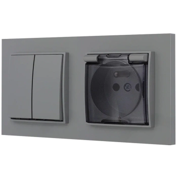 Włącznik podwójny z gniazdem hermetycznym z ramką prostą seria MINI kolor szary mat