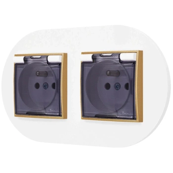 Dwa gniazda hermetyczne do łazienki z ramką okrągłą seria MINI kolor biały mat/złoty