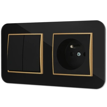 Włącznik podwójny z gniazdem pojedynczym z ramką zaokrągloną efekt szkła seria ICON kolor czarny/złoty