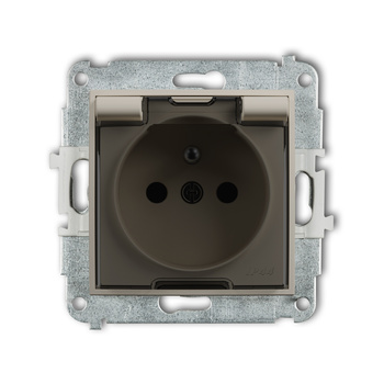 Mechanizm gniazda bryzgoszczelnego z uziemieniem 2P+Z klapka dymna, przesłony torów prądowych Karlik seria ICON 60IGPB-1zdp kolor taupe