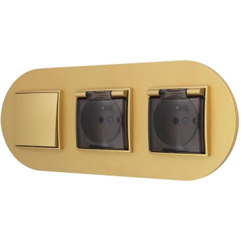 Włącznik pojedynczy i dwa gniazda hermetyczne z ramką okrągłą seria MINI kolor złoty