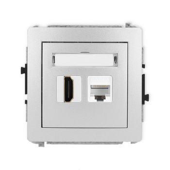 Mechanizm gniazda pojedynczego HDMI 2.0, 4K + gniazda komp. poj. 1xRJ45, kat. 6A, 8-stykowy Karlik seria DECO 7DGHK-46A kolor srebrny metalik