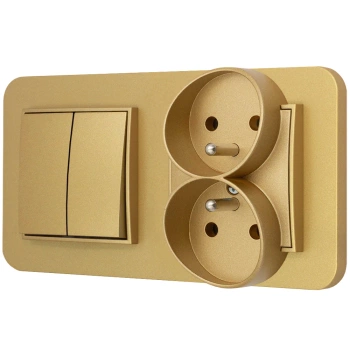 Włącznik podwójny z gniazdem podwójnym z ramką zaokrągloną seria MINI kolor złoty