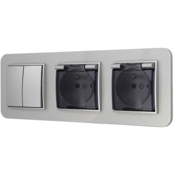 Włącznik podwójny i dwa gniazda hermetyczne z ramką zaokrągloną seria MINI kolor srebrny