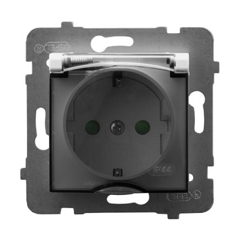 Gniazdo bryzgoszczelne z uziemieniem schuko IP-44 wieczko przezroczyste z przesłonami torów prądowych seria ARIA kolor Biały symbol GPH-1USP/m/00/d