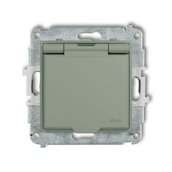 Mechanizm gniazda bryzgoszczelnego z uziemieniem 2P+Z klapka szałwiowa, przesłony torów prądowych Karlik seria ICON 61IGPB-1zp kolor szałwiowy