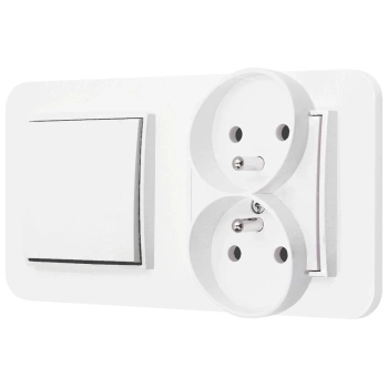 Włącznik pojedynczy z gniazdem podwójnym z ramką zaokrągloną seria MINI kolor biały mat