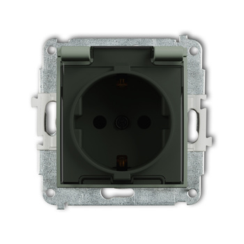 Mechanizm gniazda bryzgoszczelnego z uziemieniem SCHUKO 2P+Z klapka dymna, przesłony torów prądowych Karlik seria MINI 61MGPB-1sdp kolor szałwiowy