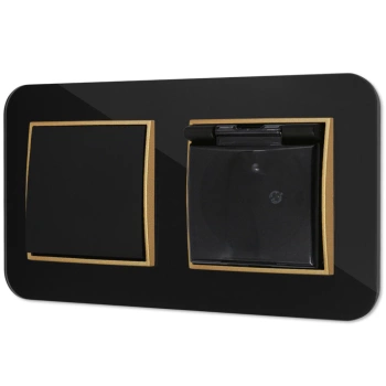 Włącznik pojedynczy z gniazdem hermetycznym z ramką zaokrągloną efekt szkła seria ICON kolor czarny/złoty