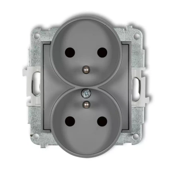 Mechanizm gniazda podwójnego do ramki z uziemieniem 2x2P+Z z przesłonami torów Karlik seria ICON 27IGPR-2zp kolor szary mat