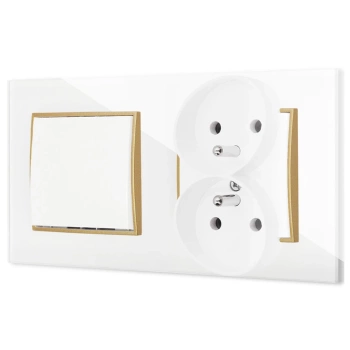 Włącznik pojedynczy z gniazdem podwójnym z ramką kwadratową efekt szkła seria ICON kolor biały/złoty