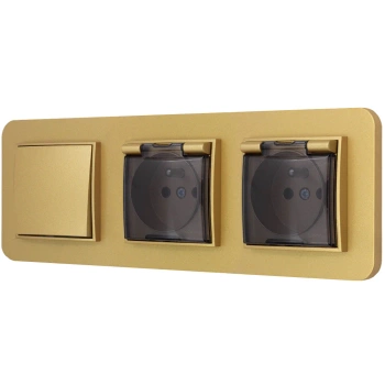 Włącznik pojedynczy i dwa gniazda hermetyczne z ramką zaokrągloną seria MINI kolor złoty