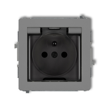 Mechanizm gniazda bryzgoszczelnego z uziemieniem 2P+Z klapka dymna, przesłony torów prądowych Karlik seria DECO 27DGPB-1zdp kolor szary mat