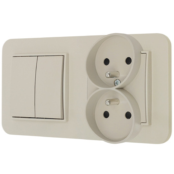 Włącznik podwójny z gniazdem podwójnym z ramką zaokrągloną seria MINI kolor taupe