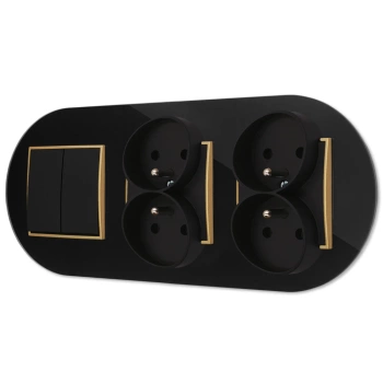 Włącznik podwójny i dwa gniazda podwójne z ramką okrągłą efekt szkła seria ICON kolor czarny/złoty