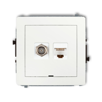 Mechanizm gniazda antenowego poj. typu F SAT + gniazda komp. poj. 1xRJ45, kat. 5e, 8-stykowy, bez pola opisowego Karlik seria DECO 25DGFKBO-1 kolor biały mat