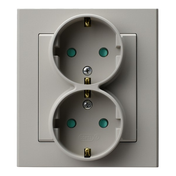 Gniazdo podwójne z uziemieniem schuko z przesłonami torów prądowych, kompletne z ramką seria SONATA kolor Kaszmir symbol GP-2RSP/82