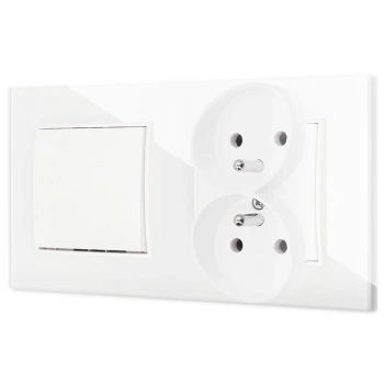 Włącznik pojedynczy z gniazdem podwójnym z ramką kwadratową efekt szkła seria ICON kolor biały